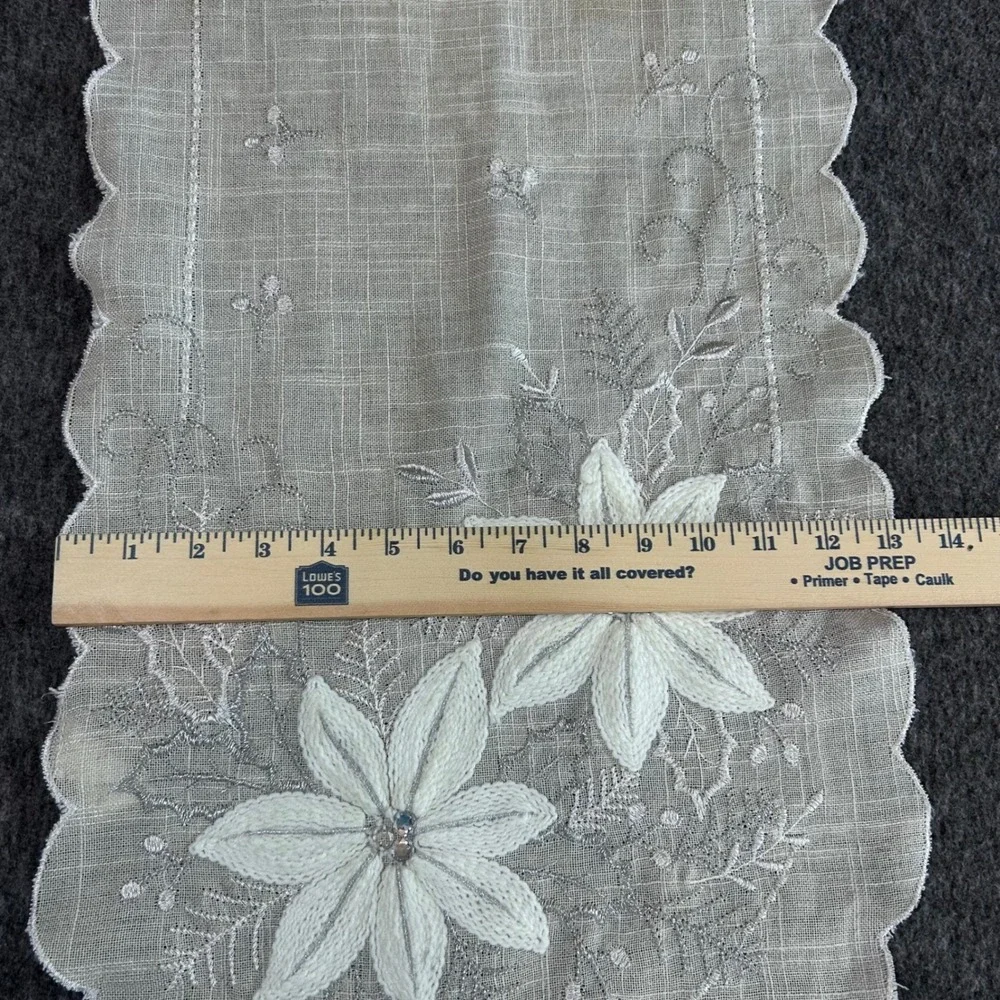Embroidered Poinsettia Christmas Table Runner Silver White Scalloped 13x70